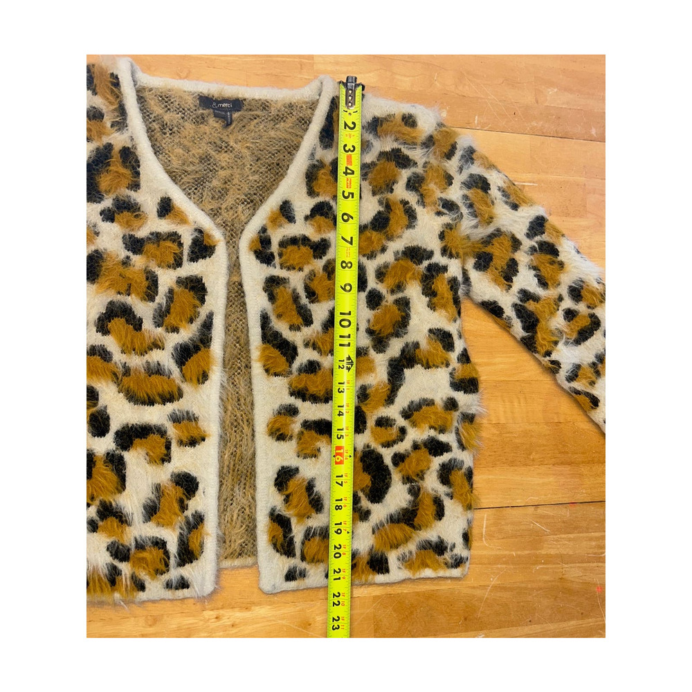 & Merci Boho Mustard Cheetah Print Fuzzy Cardigan Sweater Size Medium - Picture 7 of 8